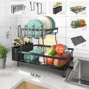 2-Tier Drying Dish Rack and Drain Board Set Utensil Holder Metal Kitchen Counter