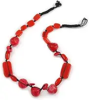 [Avalaya] Carrot Red CeramicGlassWood and Raspberry Red Resin Beaded Necklace, Black Cord, 55cm Long, One Size, Ceramic Glass Resin Wood