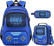 [ACESAK] Gamer Backpack for Boys - Cool Luminous School Backpack for Boys with Lunch Bag Pencil Case - Kids Boys Backpack, Blue