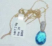 14k Blue Topaz Briolette Pave' Diamond Pendant Huge NEW w/Tag Retail $850 Lovely