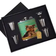 Adorable Yorkshire Terrier Puppy Leather Flask Black Box Gift Set