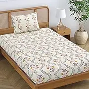 SheetKart Pure Cotton Floral Printed Jaipuri Bedsheet for Single Bed with 1 Pillow Cover - Blue Lily