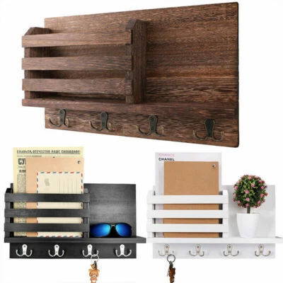 Wall Mount Mail & Key Holder Organizer with 8 Key Hooks Shelf Mail Sorter Wooden