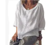 Women'S Cropped Sleeves Cotton And Linen T-Shirt Summer Casual Loose Solid Color Shirts Blouse,White,S