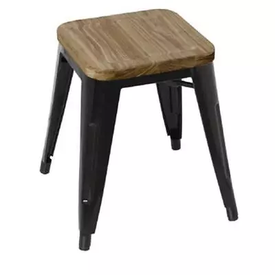4x Metal Stool Wood Black Low Short Bolero Bistro Cafe Bar Seating Stools