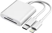 TF/SD Card Reader for iPhone iPad Camera, Lightning & USB C SD Card Reader with Dual Card solt, Type C OTG Adapter to SD & TF Memory Card Reader