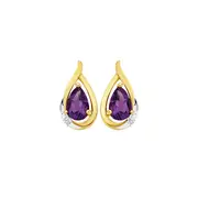 9ct Gold Amethyst & Diamond Tear Drop Stud Earrings in Purple