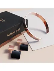 Bullion Gold Boxed Geometric Curve Earrings With Classic Cuff Bangle In Rose Gold Set