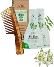 Nat Habit - Back To Natural Secrets Everyday Dual Wide Wooden Kacchi Neem Comb & Neem Bhringraj Hair NutriMask For Hair Growth, Hairfall Control & Hair Smoothening (Combo Pack of 3)