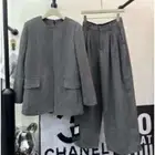 Retro Linen Collarless Back Split Suit Jacket+waist Cinched Straight Leg Pants