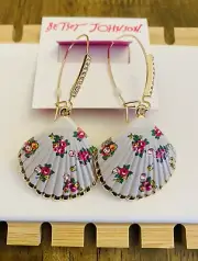 Betsey Johnson Flowered Pink & White Sea Shell Drop Earrings Glass Accents