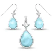 Natural Larimar & Cz Pear Shape Dangle Earring & Pendant .925 Sterling Silver Se