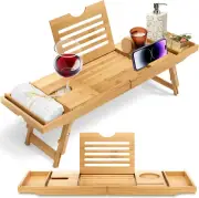 Serenelife Bamboo Bath Caddy Tray – Expandable Tub & Bed Table with Wine Glass H