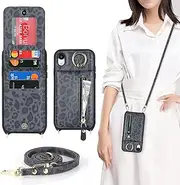 Cavor Vertical Flip Cover for iPhone XR Leather Case 6.1'' Crossbody Wallet Card Slots with 360°Rotation Ring Holder Kickstand & Long Shoulder Lanyard Strap-Black Leopard
