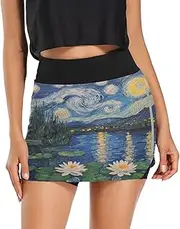 [RPLIFE] Water Lily Starry Night Womens Exercise Skort, Athletic Skirt with Shorts, Work Out Skorts
