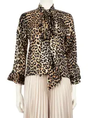 Leopard Print Silk Neck Tie Detail Blouse