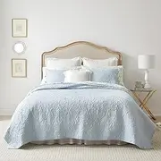 [Laura Ashley] Felicity Collection Quilt Set-100% Cotton, Reversible, All Season Bedding with Matching Sham(s), Pre-Washed for Added Softness, Twin, Breeze Blue