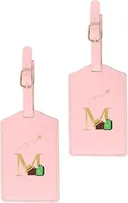 uxcell Initial Luggage Tags, 2 Pack Monogrammed PU Leather Baggage Tags Embroidered Letter Suitcase Label Tags Luggage Identifier for Luggage Baggage, Pink (M)