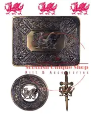 kilt Belt Buckle Welsh Dragon Antique Finish Flyplaid Brooch Pin & Kilt Pin