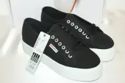 NEW NIB! SUPERGA Black Canvas FAN 2790A Platform Sneakers Tennis Shoes Sz 8.5