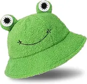 [Whaline] Plush Frog Hat Cute Green Packable Bucket Hat Autumn Winter Keep Warm Funny Animal Hat for Adults Women Men Outdoor Indoor Activities, Green, 12-18 Years