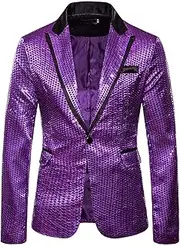 [Generic] Men's Sequins Suit Jackets Shiny Sparkly One Button Blazer Glitter Clothes Party Tuxedo Wedding Prom Festival Costume, A-purple, Small