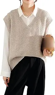 [Generic] Stylish Women's Sweater Vest - V-Neck Design with Cable Knit Pattern and Layered Shirt Sleeves
