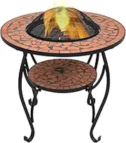 Terracotta Mosaic Fire Pit Table 68 cm Ceramic with Safety Mesh | Outdoor & Patio Decorative Fireplace - Smokeless | Tabletop BBQ & Bonfire Design