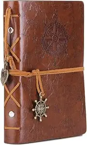EvZ Leather Writing Journal Notebook, 7 Inches Vintage Nautical Spiral Blank String Diary Notepad Sketchbook Travel to Write in, Unlined Paper, Retro Pendants, Classic Embossed, Retro Brown