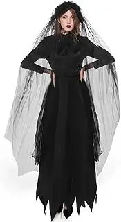 [Generic] Women Dress Funny Bride Halloween Cosplay Black Dress Scary Party Costumes Ghost Vampire Bride Long Sleeve Irregular Hem Party Long Dress