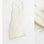 H&M Linen Beaded Fringed Elastic Shoulder Straps Asymmetrical Hem Open Back Sz L