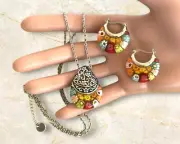 Sets Millefiori Glass Necklace & Hoops Earrings Flower Basket Style Multicolor