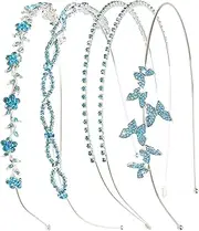 4 Pack Light Blue Rhinestone Bridal Headpieces - Crystal Butterfly Leaf Metal Headbands for Women, Girls, Flower Girls, Weddings (Blue, One size)