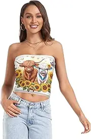 [RPLIFE] Cute Highland Cows Sunflowers Crop Tube Top, Strapless Top for Women Summer, Sheer Tube Tops, Trendy Crop Tops (S)