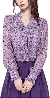 [Generic] Womens Little Floral Printed Long Sleeve Chiffon Blouse Shirt for Spring Summer Casual V-Neck Ruffle Top