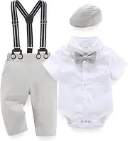 [Hresadio] Baby Boy Clothes Formal Suit, Gentleman Outfit Dress Romper + Suspender Pants + Beret Hat + Bowtie Toddler Set