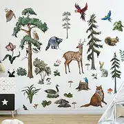 Amaonm Removable 3D Woodland Forest Animals Wall Decals, Nursery Wall Stickers with Trees, Deer, Fox, Owls, Birds, Wall Sticker Nature Theme Room Decor for Kids Children Bedroom Playroom Decoration