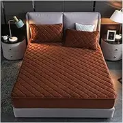 Bedding Crystal Velvet Thick Quilted Mattress Cover Solid Color King Size Quilted Sheets Soft and Warm Double Bed Cover(Brown,90x200-UK Single)
