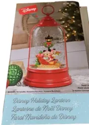 Disney Christmas Mickey & Minnie Sled Red Lantern Snow Globe Holiday Decor Light