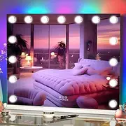 FENCHILIN Hollywood Mirror with RGB Backlit 15 LED Vanity Mirror with Lights 3 Lighting Modes Dynamic RGB Backlit Hollywood Vanity Makeup Mirror with Lights Shatterproof for Dressing Table 58x46cm