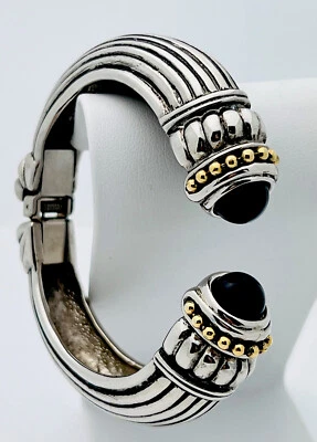 Vintage 1990s 2 Tone Designer Look Black Cabochon Hinged Bangle Bracelet 7”+1/2”