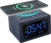 Laser Alarm Clock Radio with 10W Wireless Charger, Bluetooth Speaker, 1200mAh Battery, MicroSD USB Playback, Dual Alarm, FM Radio with Charging Station for Bedside Table, Desk, Home and Room Decor