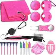 18 Pcs Pink Golf Accessories Kit Include Golf Ball Marker Balls Holder Club Groove Cleaner Brush Divot Repair Plastic Tees Towel with Clip Gift Set for Women
