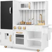 HONEY JOY Pretend Play Kitchen, Wooden Kitchen Playset for Kids w/Utensils, Oven, Sink, Faucet, Chalkboard, Stove, Water Dispenser, Real Sounds & Lights, Kitchen Accessory Toy for Boys Girls Aged 3+