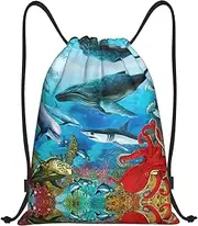 [EdWal] Dolphins Sea Turtle Shark Octopus Coral Reef print Drawstring Backpack Drawstring Gym Bags Draw String Bags Backpack for Sports, Gym, Travel