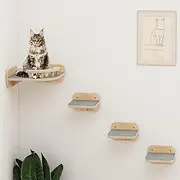Cat Wall Furniture Corner Climbing Shelf Perches With 3 Wide Steps - Modern Floating Stairs for Indoor Cats up to 30 Lbs - Wood Color