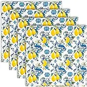 Lemon Cloth Napkin Italian Lemon Blue Tiles Reusable Dinner Napkin 18 x 18 Inch Kitchen Table Top Collection for Party Dining Table Decor, Set of 4