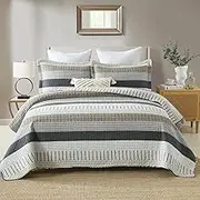 DUOHONG 100% Cotton Quilted Bedspread Coverlet Set King Size, King Lightweight Quilt with 2 Pillow Shams, Striped Quilted Coverlet Bedding Set Bed Blanket for King Bed, Brown/Gray