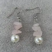 ROSE QUARTZ Dangle Earrings Pink Gemstone Chips Czech Glass Bead Gift For Her