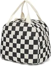 Corduroy Lunch Box for Women Girls, Cooler Lunch Bags Reusable Insulated Lunchbox for Picnic School Work Travel (Checkered Black)